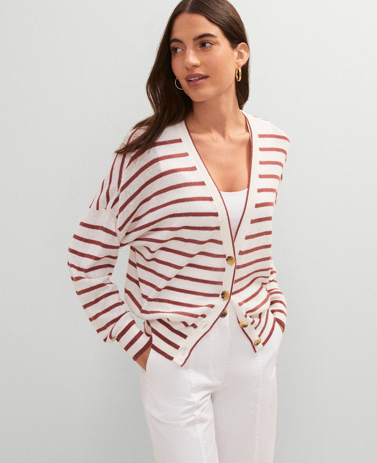 Linen Blend Striped V-Neck Cardigan