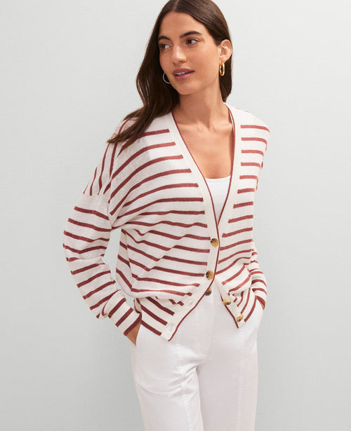 Linen Blend Striped V-Neck Cardigan