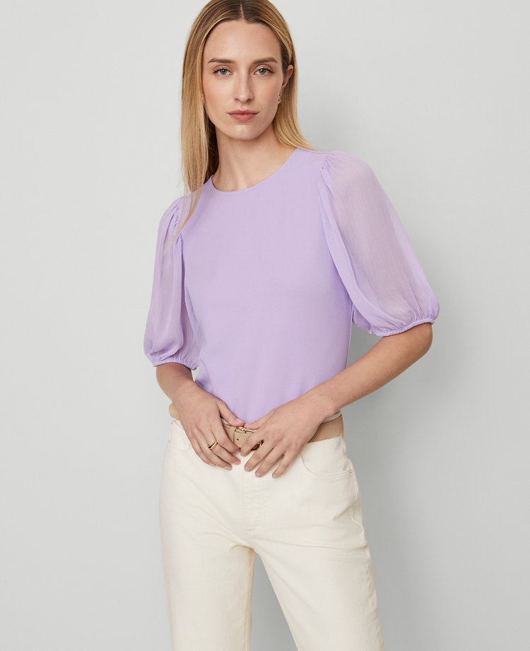 Petite Mixed Media Pleated Sleeve Top