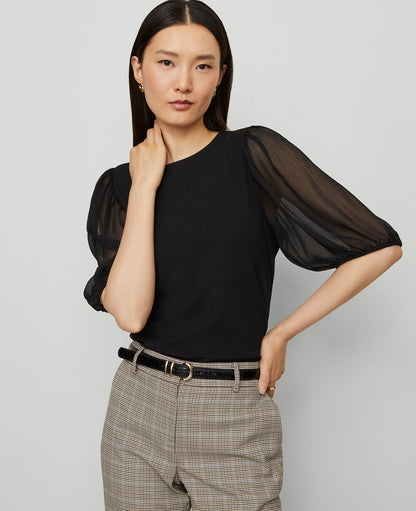 Petite Mixed Media Pleated Sleeve Top