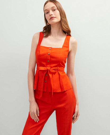 Petite Linen Blend Button Tie Waist Top