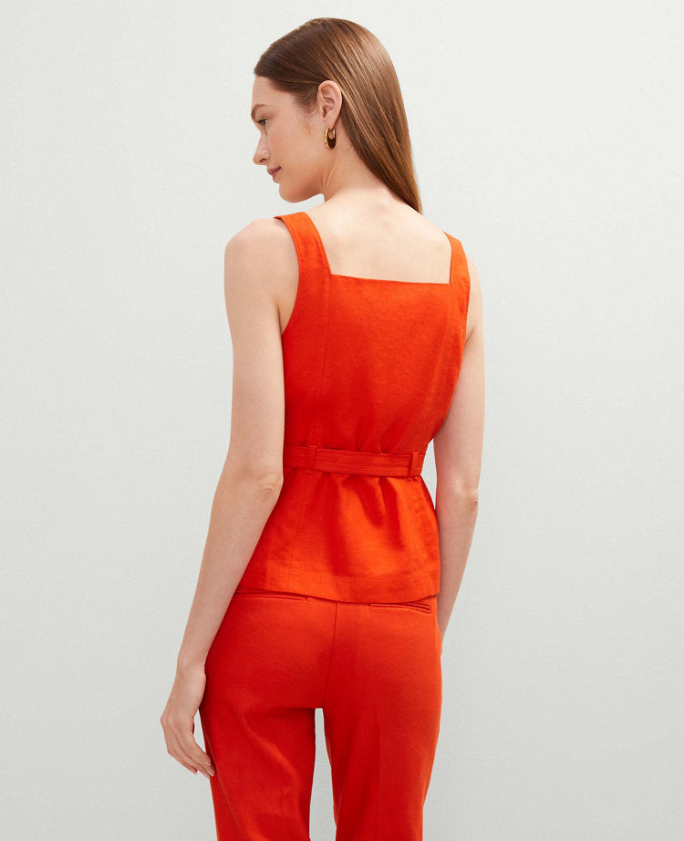 Petite Linen Blend Button Tie Waist Top