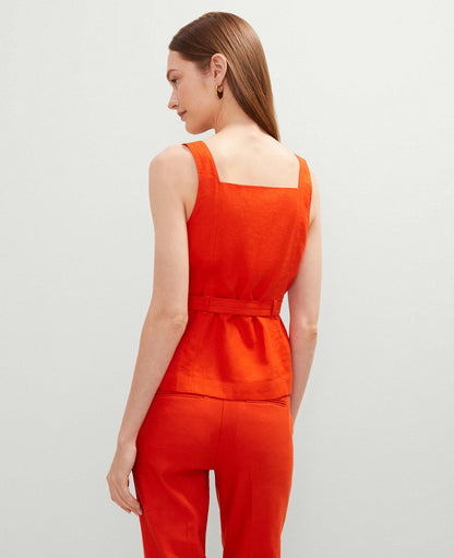 Petite Linen Blend Button Tie Waist Top