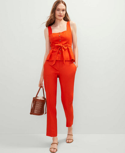 Petite Linen Blend Button Tie Waist Top