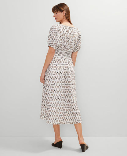 Petite Floral Smocked Puff Sleeve Midi Dress