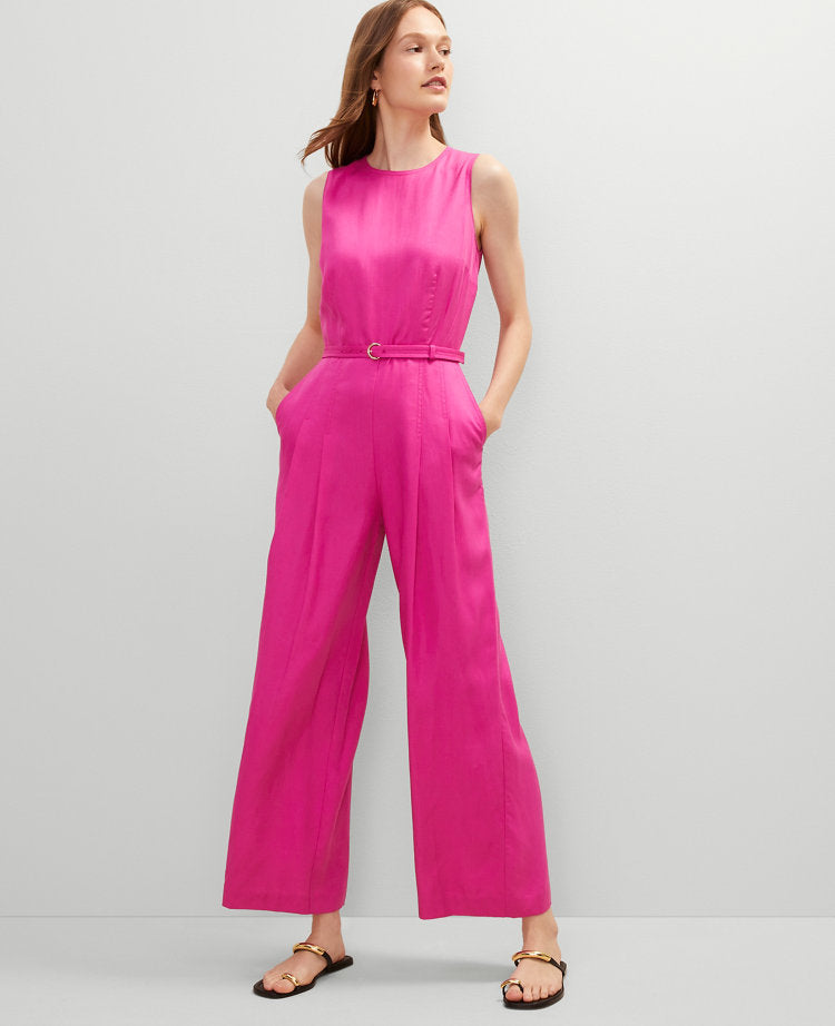 Petite Belted Crew Neck Jumpsuit