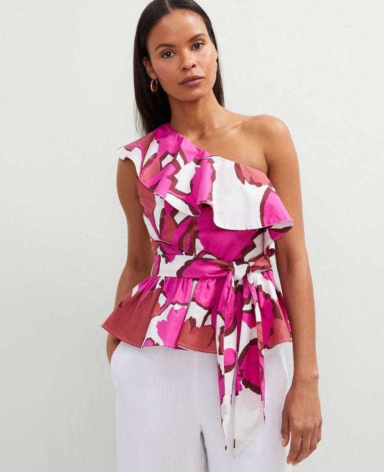 Petite Floral One-Shoulder Tie Waist Blouse
