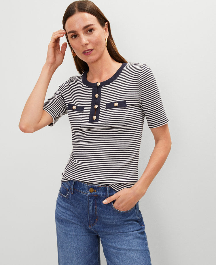 Striped Contrast Trim Henley Top