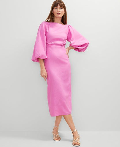 Petite Linen Blend Puff Sleeve Midi Dress