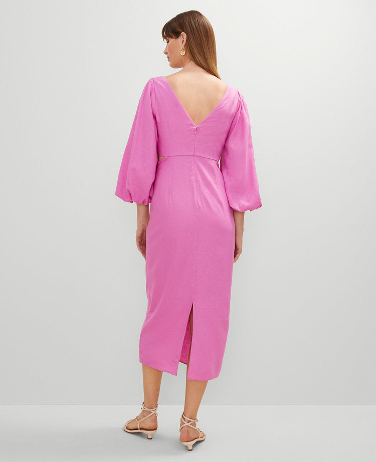 Petite Linen Blend Puff Sleeve Midi Dress