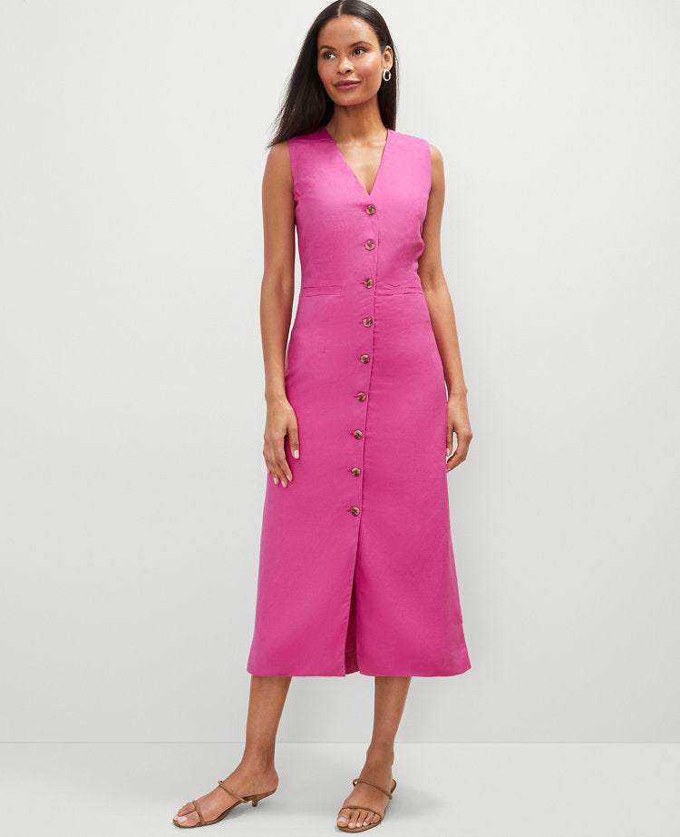 Petite Linen Blend V-Neck Shirtdress