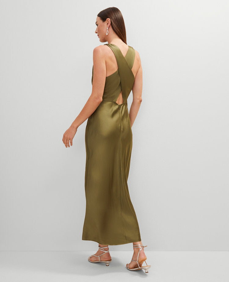 Petite Halter Bias Satin Maxi Dress