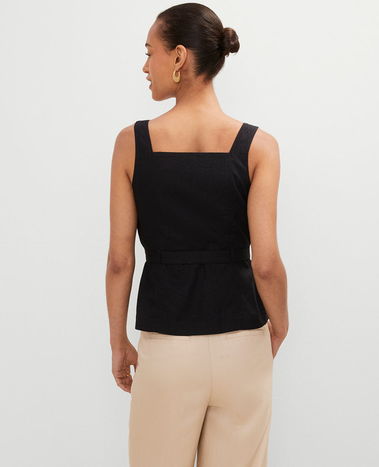 Linen Blend Button Tie Waist Top