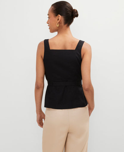 Linen Blend Button Tie Waist Top