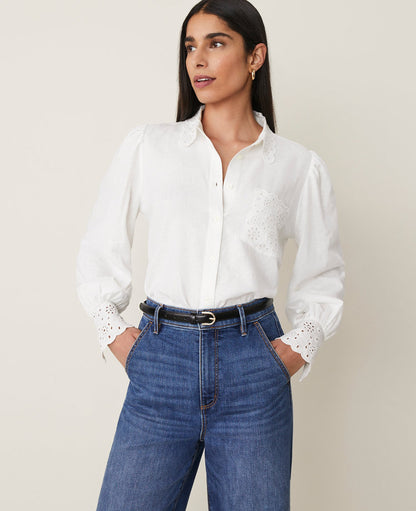 Embroidered Linen Blend Pocket Shirt