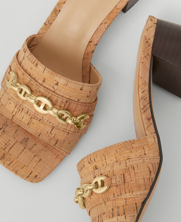 Cork Chain Flare Block Heel Sandals