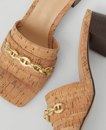 Cork Chain Flare Block Heel Sandals