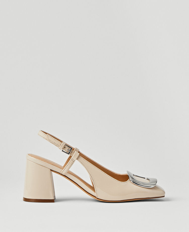Patent Block Heel Buckle Slingback Pumps