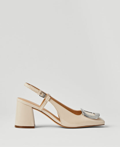 Patent Block Heel Buckle Slingback Pumps