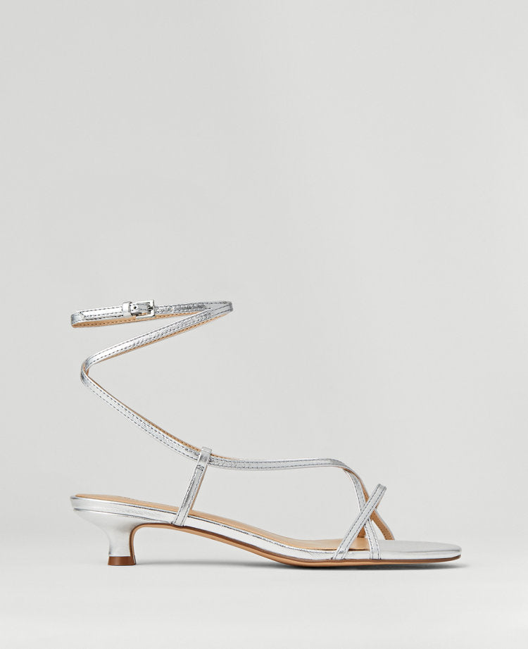 Metallic Strappy Ankle Wrap Kitten Heel Sandals