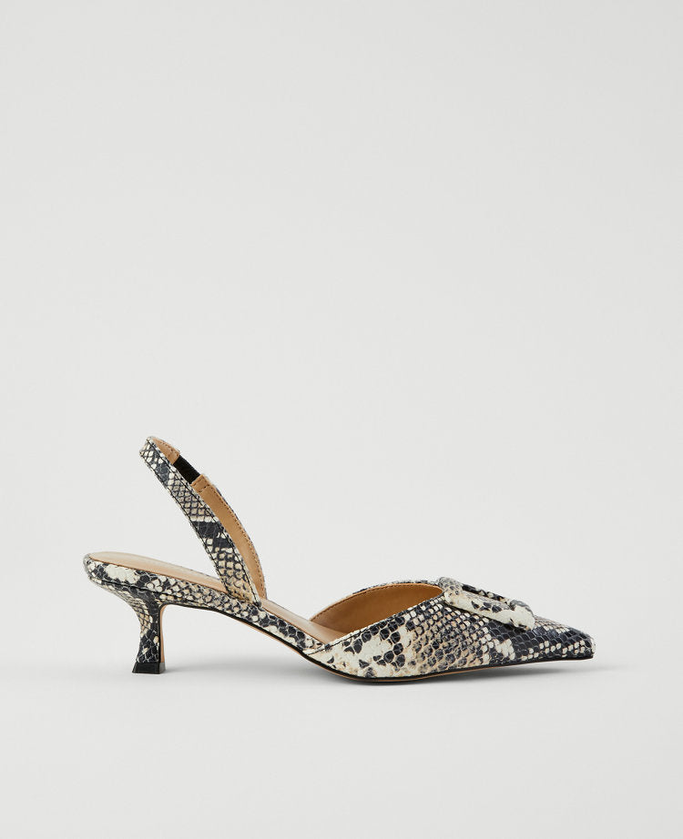 Snake Print Pointy Toe Buckle Slingback Pumps