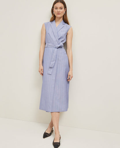 The Petite Belted Blazer Wrap Dress in Pinstripe