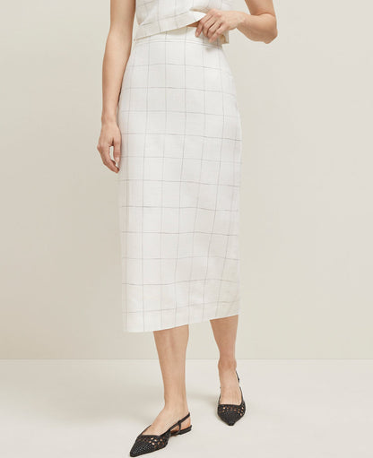 The Petite Clean Midi Skirt in Windowpane Linen Blend