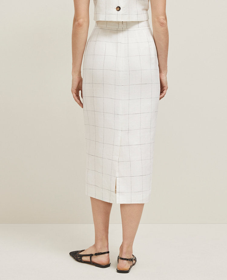 The Petite Clean Midi Skirt in Windowpane Linen Blend