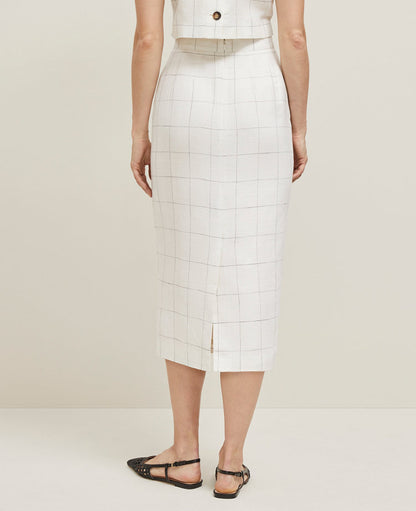 The Petite Clean Midi Skirt in Windowpane Linen Blend