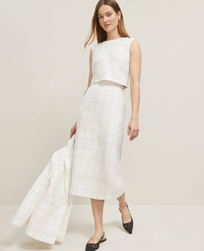The Petite Clean Midi Skirt in Windowpane Linen Blend