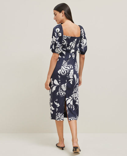 Petite Floral Puff Sleeve Midi Dress