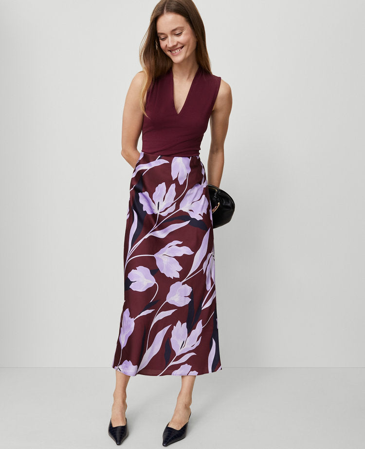 Floral Satin Bias Slip Skirt