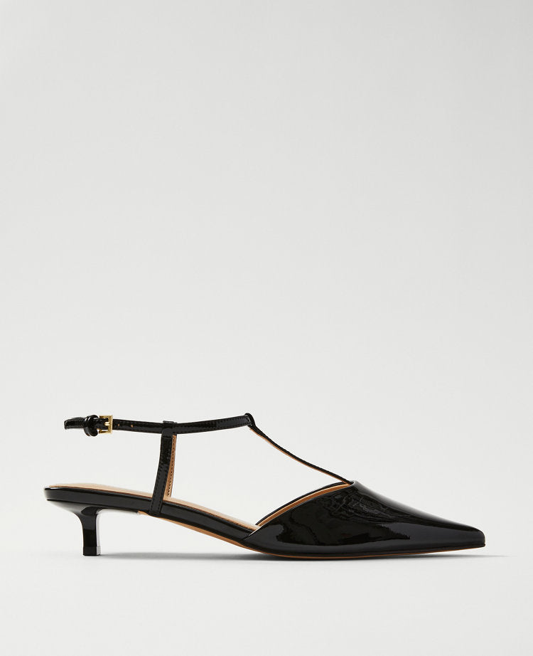 Patent T-Strap Kitten Heel Pumps
