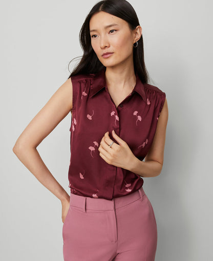 Petite Floral Shirred Yoke Sleeveless Shirt