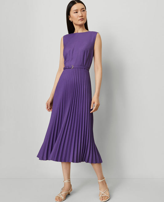 Petite Belted Pleated Midi Dress