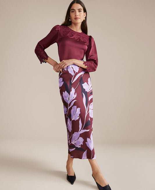 Petite Floral Satin Bias Slip Skirt