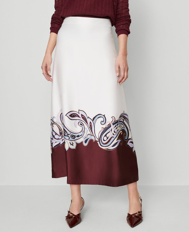 Petite Paisley Satin Midi Skirt