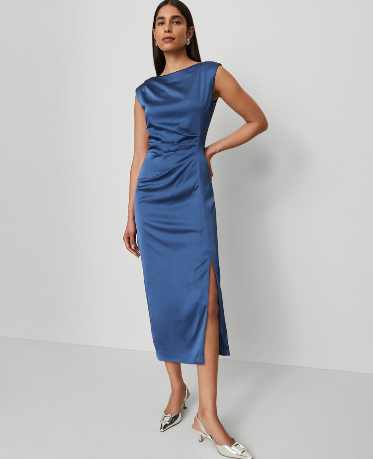 Petite Asymmetric Satin Sheath Dress