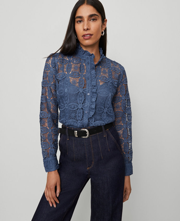 Petite Ruffle Collar Lace Blouse