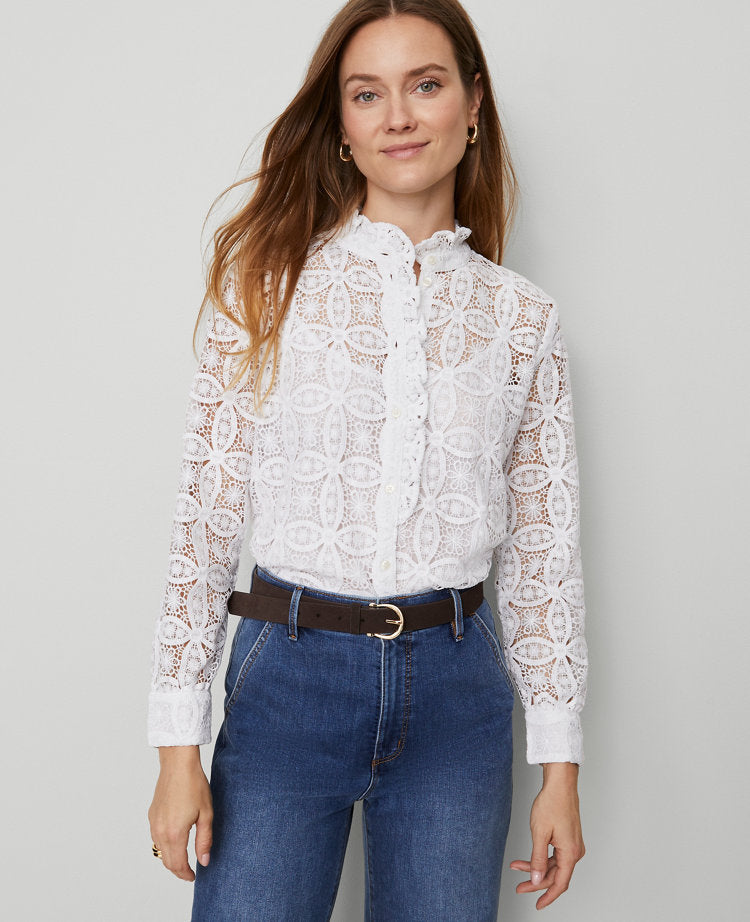Petite Ruffle Collar Lace Blouse