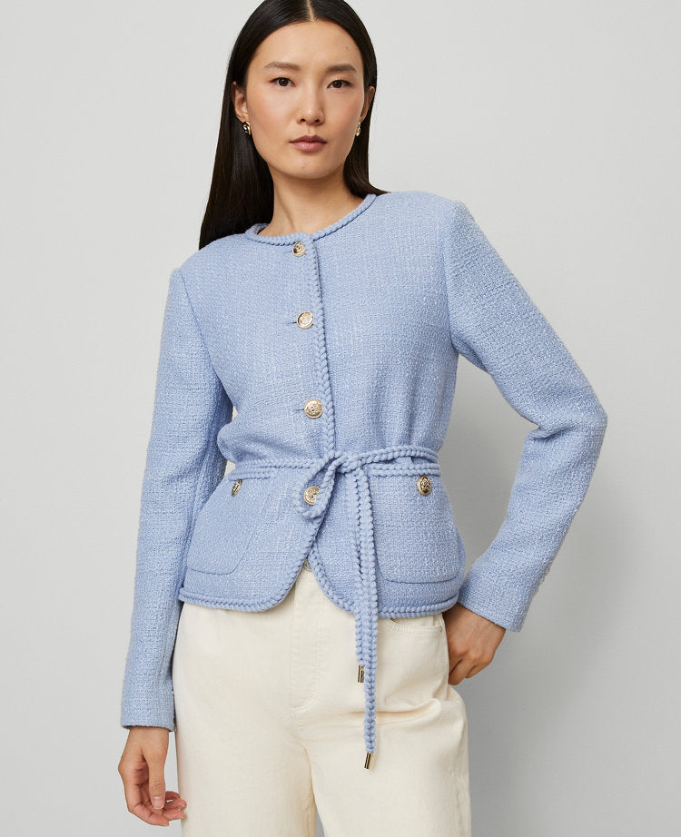 Petite Belted Tweed Crew Neck Jacket