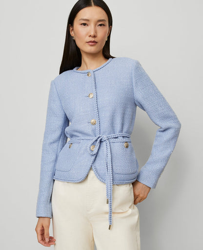 Petite Belted Tweed Crew Neck Jacket