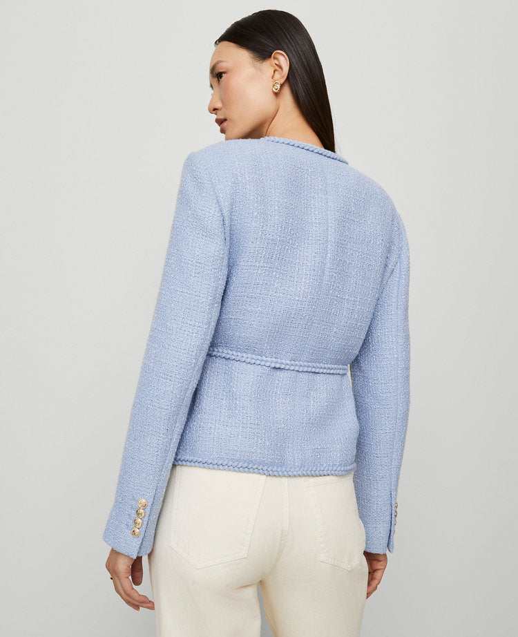 Petite Belted Tweed Crew Neck Jacket
