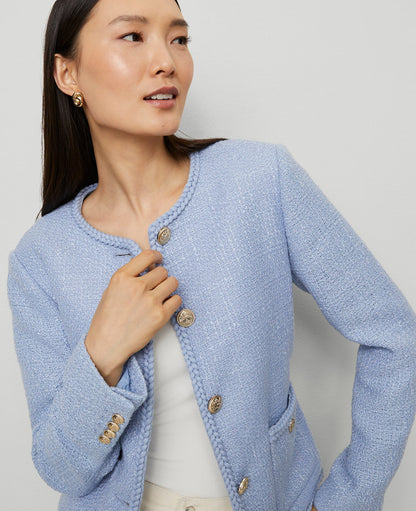 Petite Belted Tweed Crew Neck Jacket