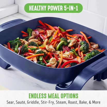 GreenLife 12" 5QT Square Electric Skillet, Glass Vented Lid, Ceramic PFAS-Free Nonstick Interior, Adjustable Temperature Control, Cool Touch Handles, Quick Even Heating, Scratch Resistant, Turquoise