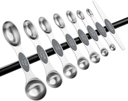 Spring Chef Magnetic Measuring Spoons Set with Strong N45 Magnets, Heavy Duty Stainless Steel Metal, Fits in Most Kitchen Spice Jars for Baking & Cooking, BPA Free, Black, Set of 8 with Leveler