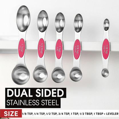 Spring Chef Magnetic Measuring Spoons Set with Strong N45 Magnets, Heavy Duty Stainless Steel Metal, Fits in Most Kitchen Spice Jars for Baking & Cooking, BPA Free, Black, Set of 8 with Leveler