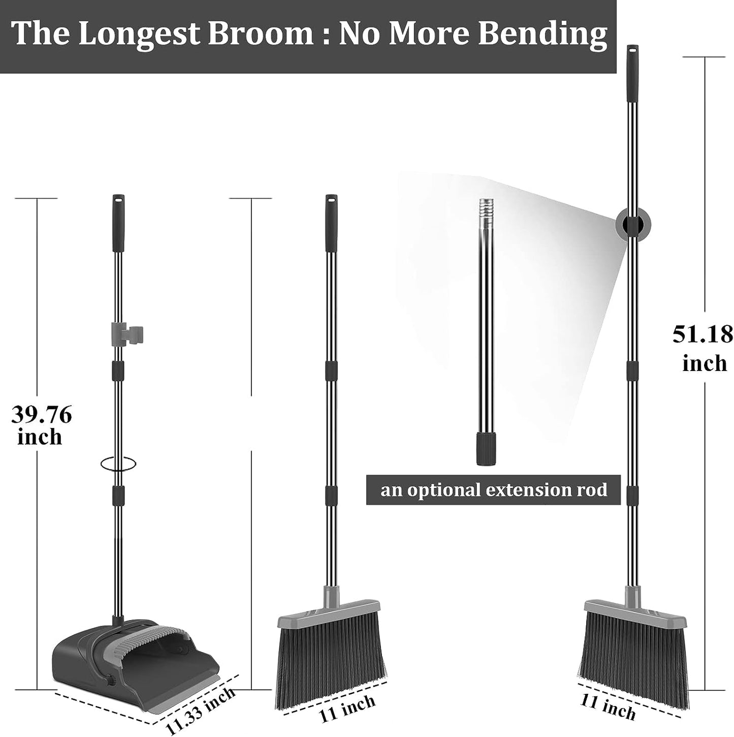 kelamayi Upgrade Stand Up Broom and Dustpan Set, Self-Cleaning with Dustpan Teeth, Ideal for Dog Cat Pets Home Use, Super Long Handle (Gray&Orange)