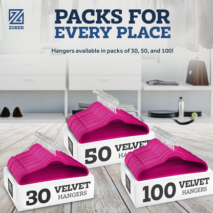Zober Velvet Hangers 50 Pack - Heavy Duty Black Hangers for Coats, Pants & Dress Clothes - Non Slip Clothes Hanger Set - Space Saving Felt Hangers for Clothing