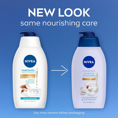 NIVEA Coconut and Almond Milk Pampering Body Wash, Moisturizing Body Wash with Nourishing Serum, Plant-Derived Oils, Essential Skin Lipids and Vitamins, 20 Fl Oz Bottle